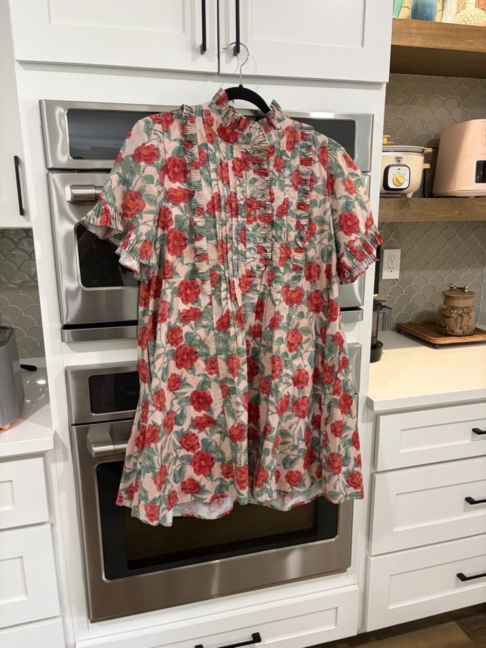 Entro Peach and Red Floral Dress with Pleats